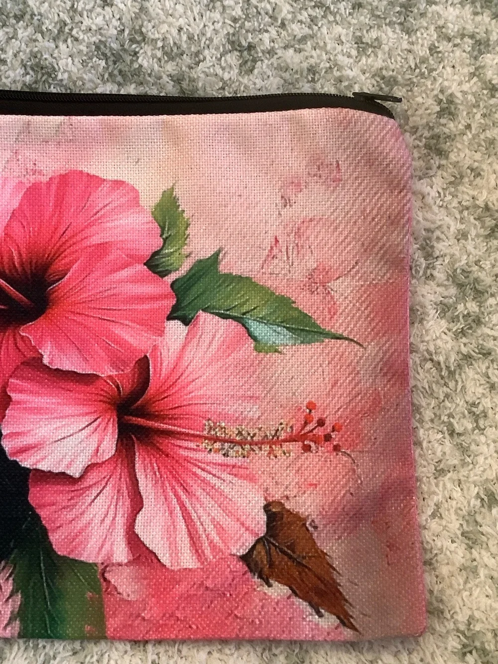 Hot Pink Tropical Floral Cosmetic Bag Canvas Pouch with Hibiscus Print NWT 10x7.